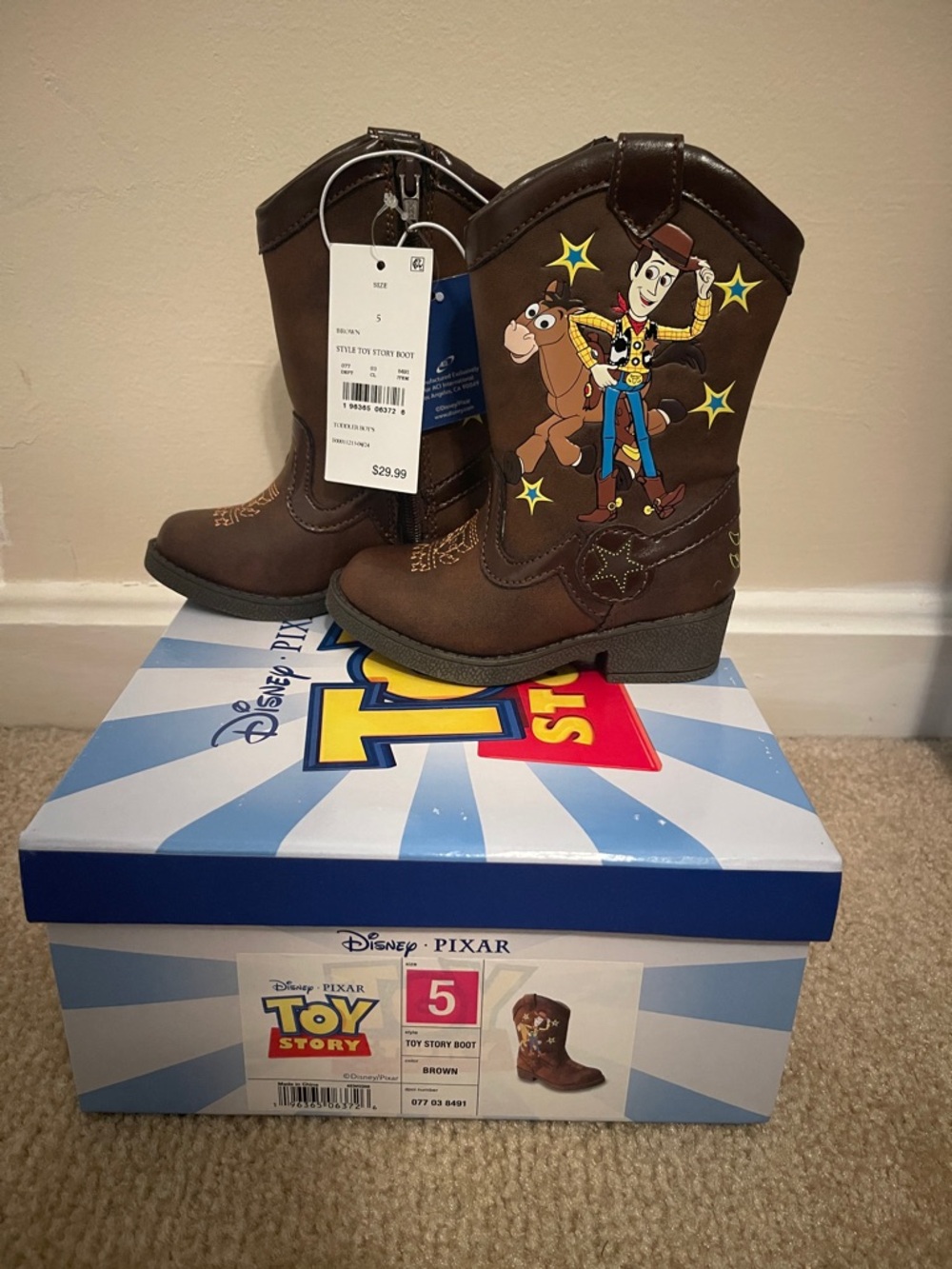 Disney Brown Woody Cowboy Boots for Kids with Toy Story Graphics in Box